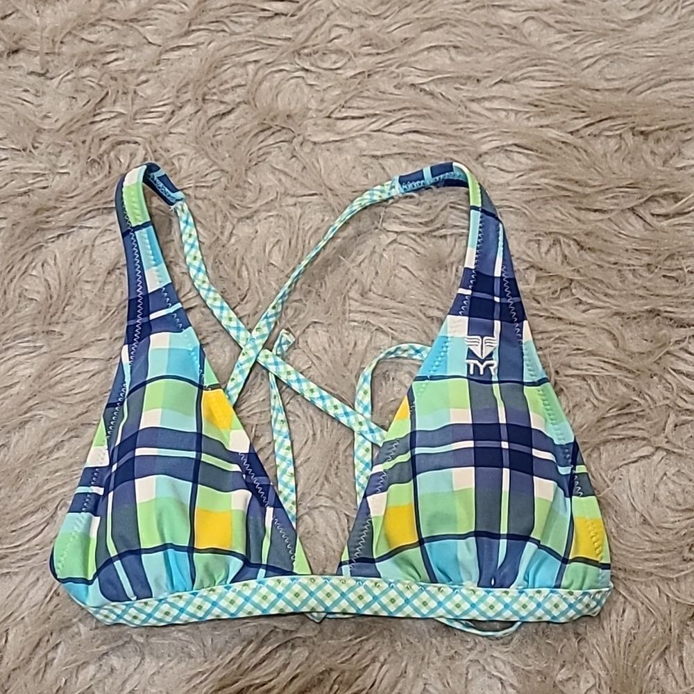 TYR womens yellow,‎ green, light blue and navy blue plaid swimsuit top